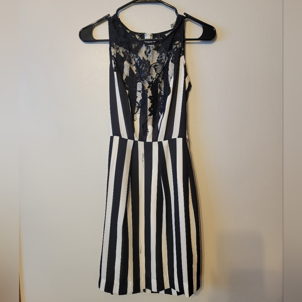 Guess Black and White Striped Dress with Lace Detail